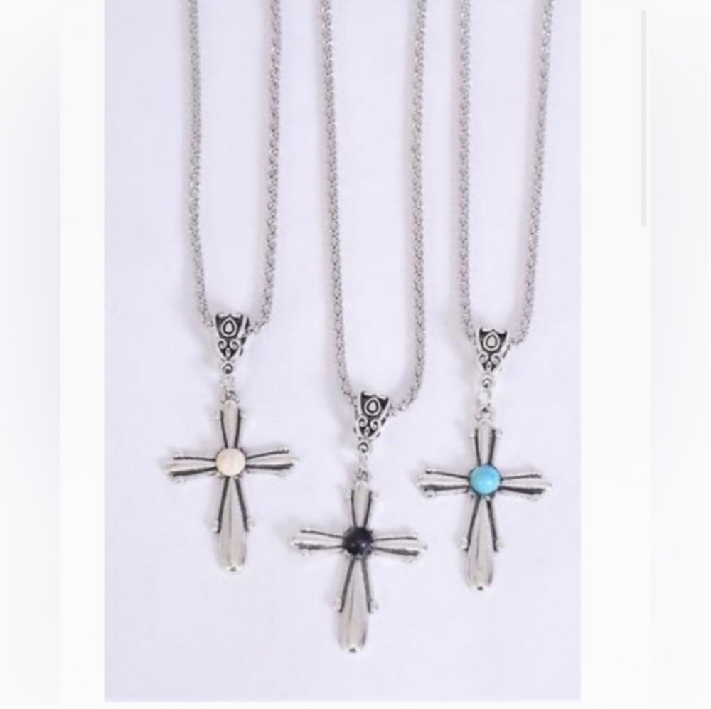 NEW Cross Necklace Silver BLACK Semiprecious Stone Earrings H 1.5" X W 1” NWT